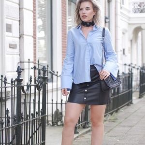 H&M faux black leather,silver buttons A-line skirt